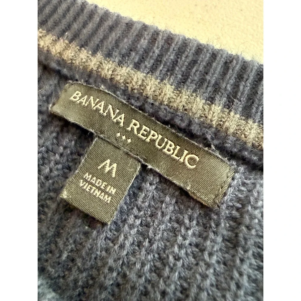Banana Republic Mens Navy Ribbed Cotton Sweater Shoulder Patches military